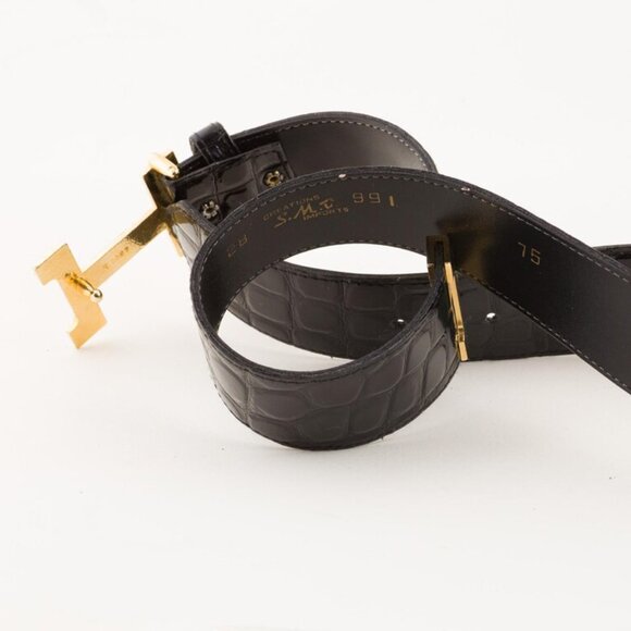 1970s/1980s Vintage "H" Buckle Black Faux Croc Waist Belt Sz XS S - Picture 3 of 8